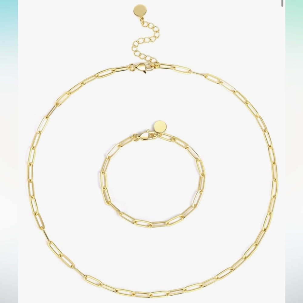 Plated Paperclip Link Chain Necklace with Bracelet Set